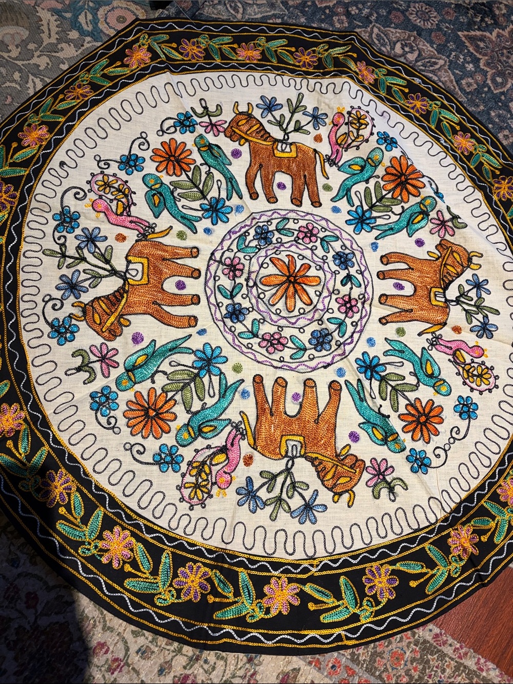Classic Multicolor Embroidered Elephant Medallion Tapestry